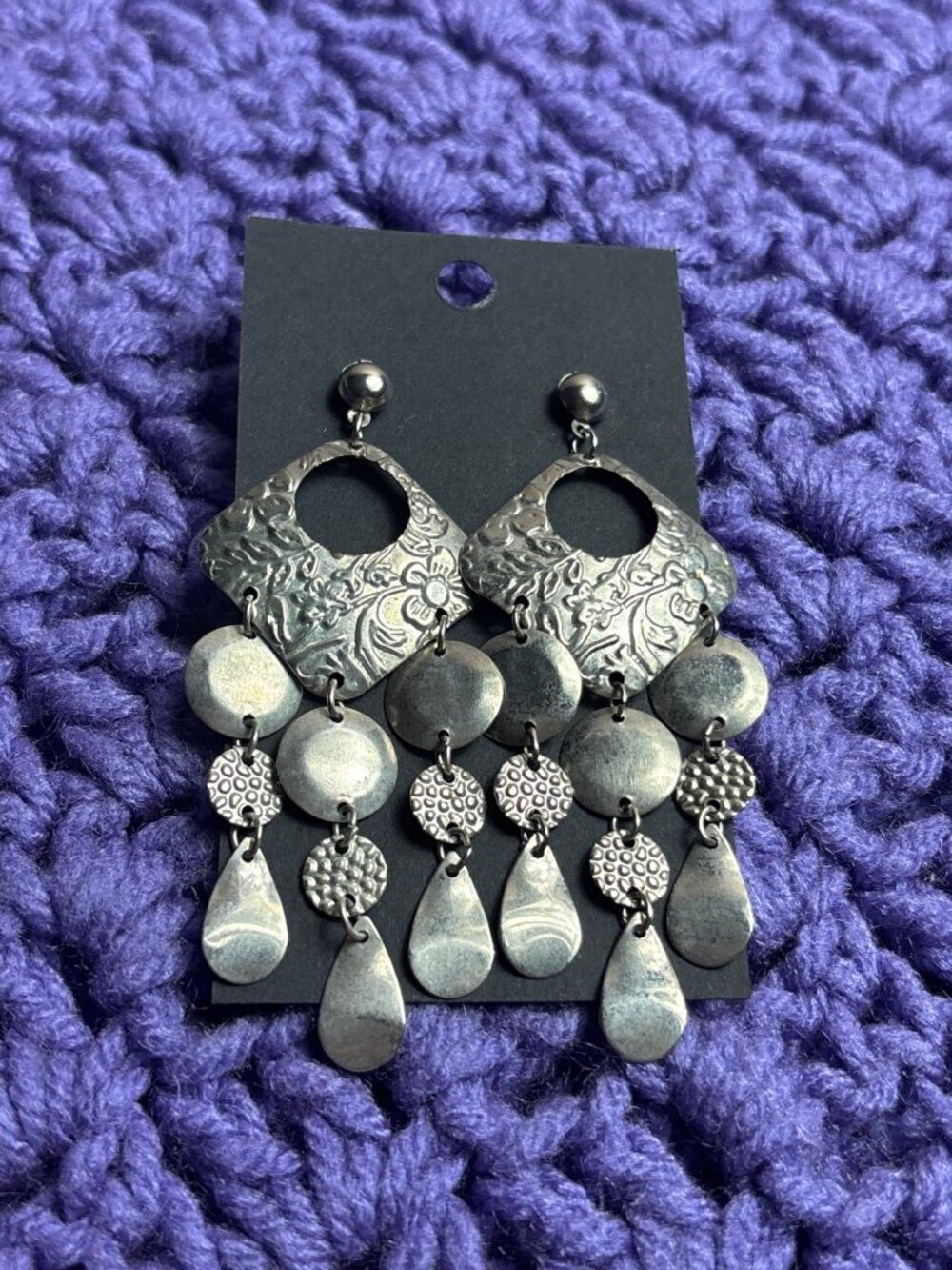 Vintage Silvertone Floral Abstract Fringe Dangle Earrings 3 inches